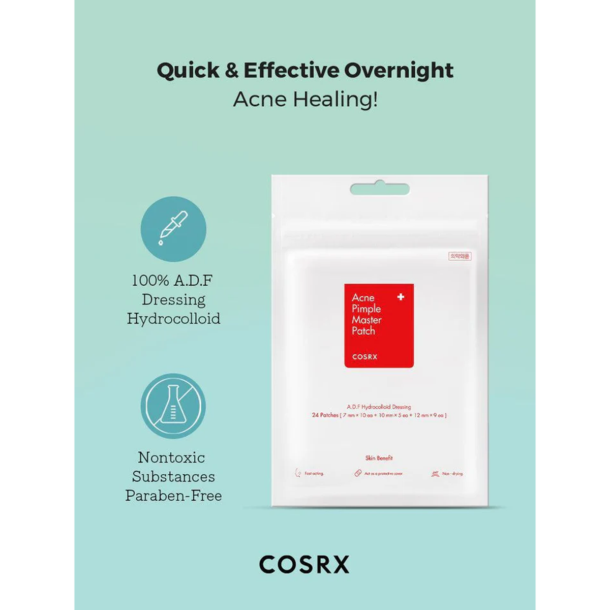 Overnight acne healing patches by Cosrx, featuring hydrocolloid patches to protect and hydrate troubled skin for effective recovery.