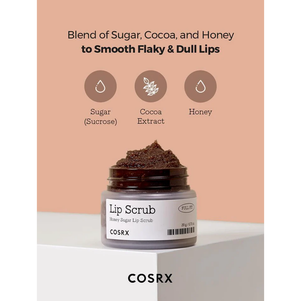 COSRX Full Fit Honey Sugar Lip Scrub -   Blend of Sugar, Cocoa, and Honey
to Smooth Flaky & Dull Lips |