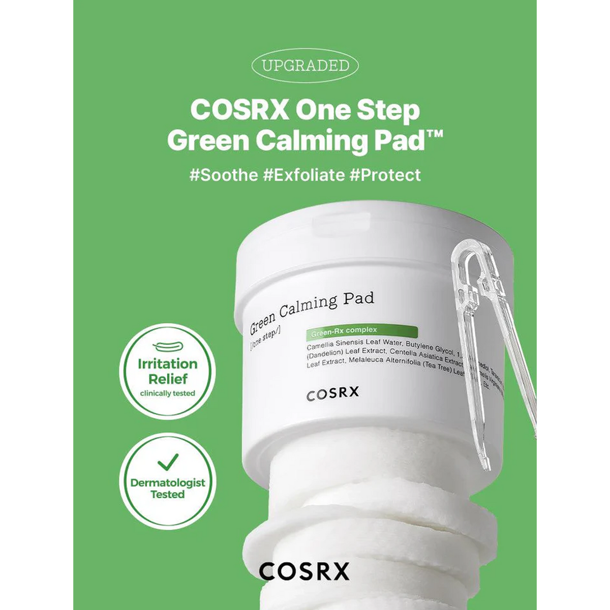 COSRX One Step Green Hero Exfoliating Pad - COSRX One Step Green Calming Pad™
#Soothe #Exfoliate #Protect