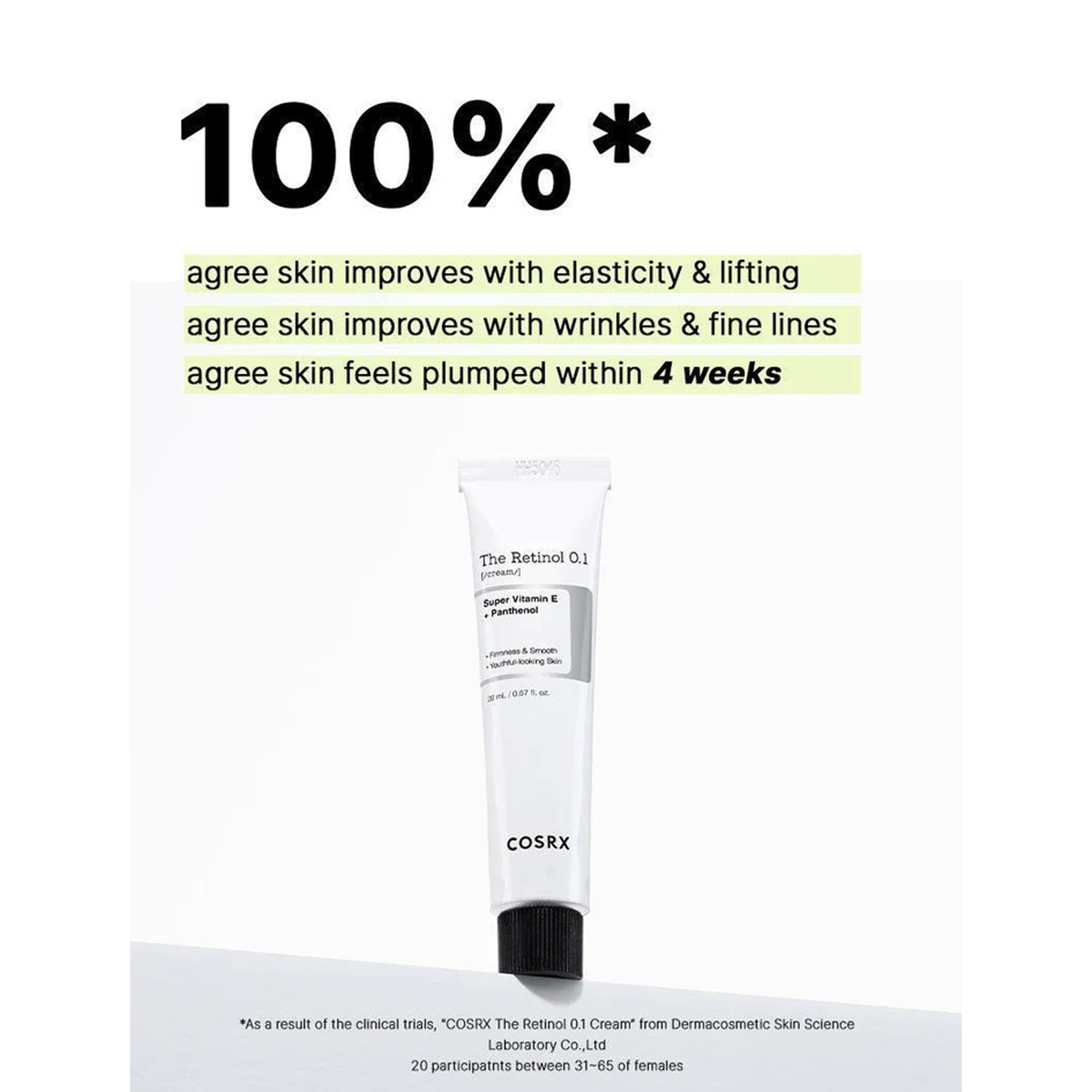100%
agree skin improves with elasticity & lifting
agree skin improves with wrinkles & fine lines
agree skin feels plumped within 4 weeks