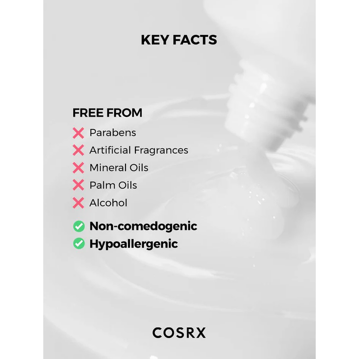 Lightweight COSRX Natural Hyaluronic Acid Serum, ideal for acne-prone skin, offers soothing hydration without a greasy feel.