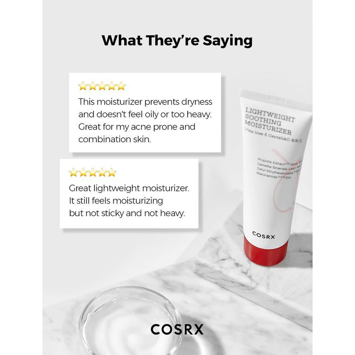 highlighting its soothing properties and lightweight, non-greasy formula for acne-prone skin.