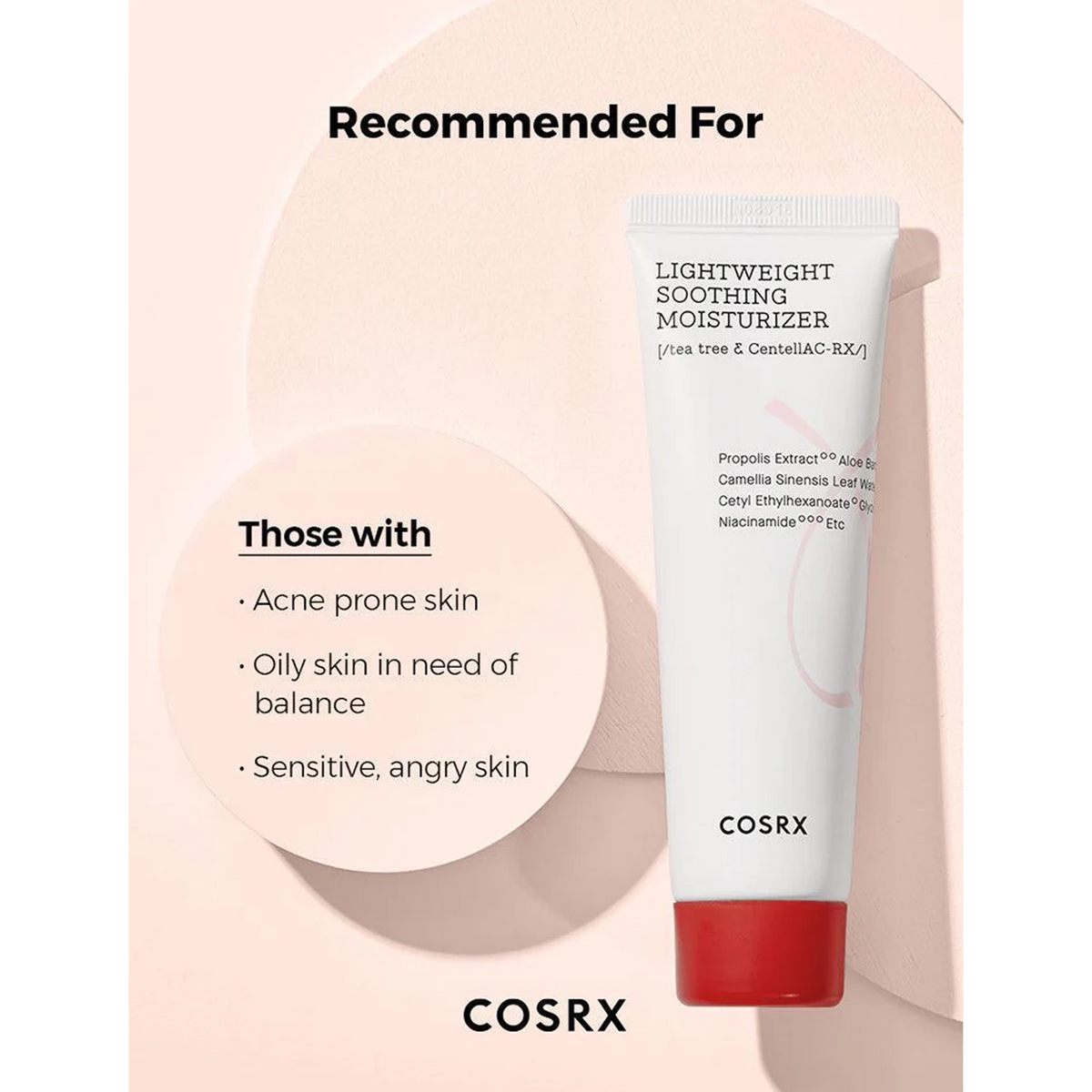 Lightweight COSRX cream for acne-prone skin, soothing without greasiness, featuring Centella AC-Rx Complex for revitalization.